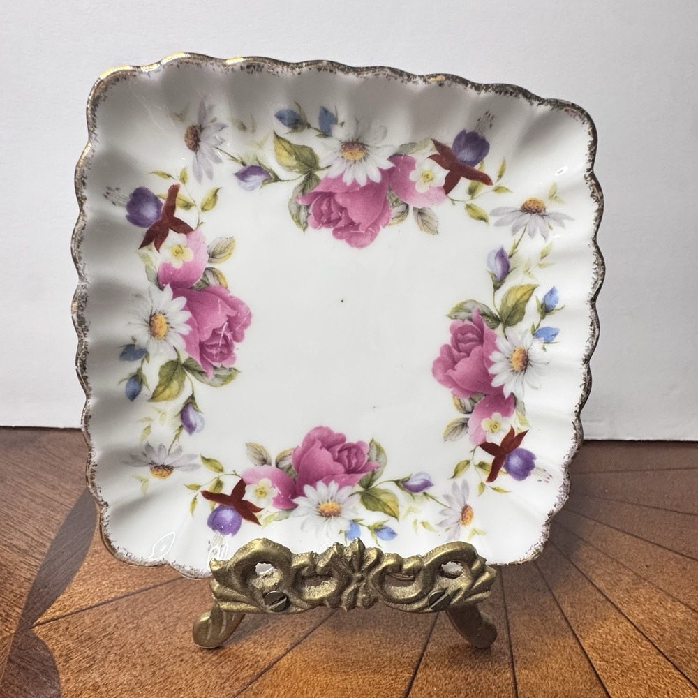 Vintage Flambro Bone China Summer Rose Trinket Dish Square Scalloped 4.5 Inch